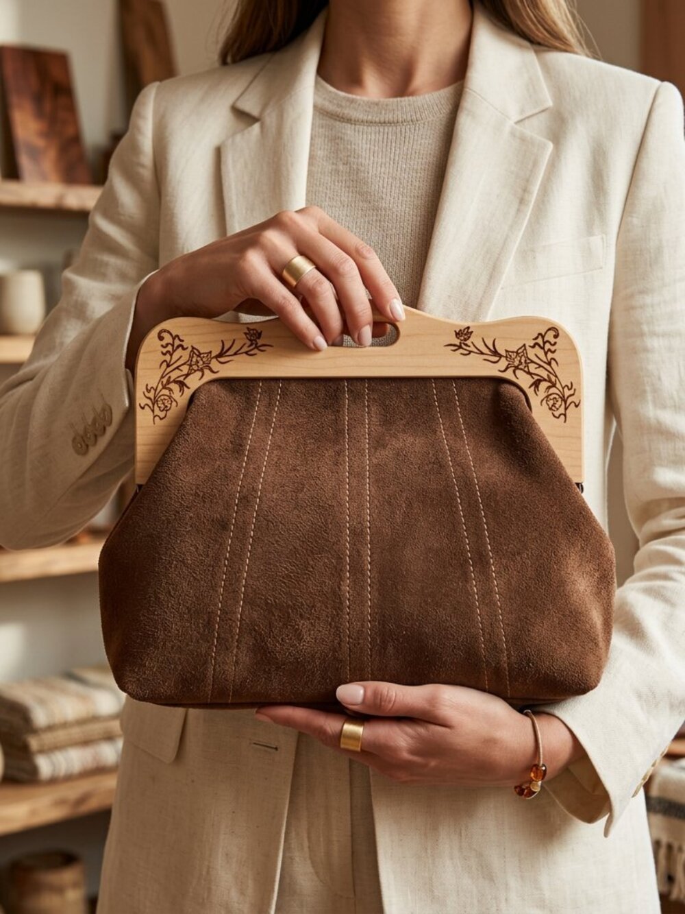 Vtg 70s brown suede wooden hippie boho peasant clutch purse